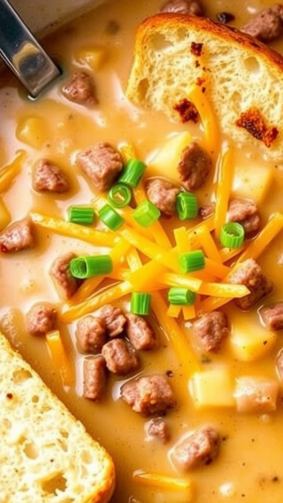 A comforting bowl of cheesy hamburger potato soup with beef and potatoes, garnished with green onions, served with a slice of bread.